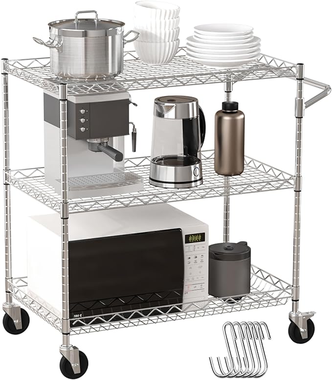 VEVOR Kitchen Utility Cart, 3 Tiers, Wire Rolling Cart with 661 LBS Capacity, Steel Service Cart on Wheels, Metal Storage Trolley with 80 mm Deep Basket Curved Handle 6 Hooks, NSF Listed - LeafyLoom