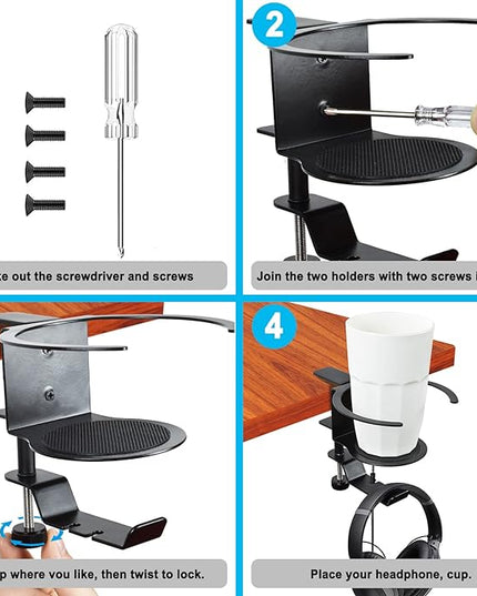 Desk Cup Holder, 2-in-1 Adjustable & 360° Rotating Office Gaming Desk Accessories for Under Desk Headphone Stand Hanging Headset, Holding Coffee Mug, Drinks, Water Bottle – Black - LeafyLoom