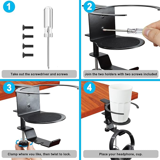 Desk Cup Holder, 2-in-1 Adjustable & 360° Rotating Office Gaming Desk Accessories for Under Desk Headphone Stand Hanging Headset, Holding Coffee Mug, Drinks, Water Bottle – Black - LeafyLoom