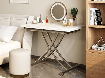 Multifunctional Folding Dining Table, Versatile Lift Top Coffee Table Convertible to Dining Table Height Adjustable Wooden Dinner Table with Metal legs Space Saving White - LeafyLoom