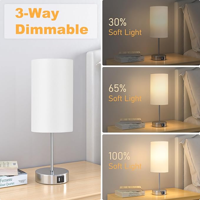 AKASUKI Table Lamp for Bedroom, 3 Way Dimmable Touch Lamp with Dual Charging Station, Small Bedside Lamps for Night Stands, Living Room, Office(LED Bulb Included) - LeafyLoom
