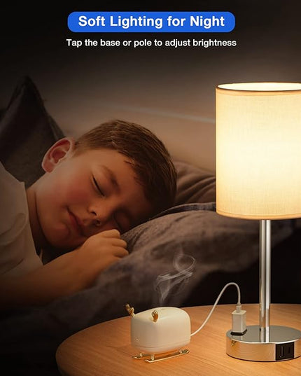Touch Lamps for Bedrooms Set of 2 White - 3 Way Dimmable Bedside Lamp with USB C and A Ports and Outlets, Modern Nightstand Lamp with Linen Shade and Silver Base, Small Table Lamps for Kids Nursery - LeafyLoom