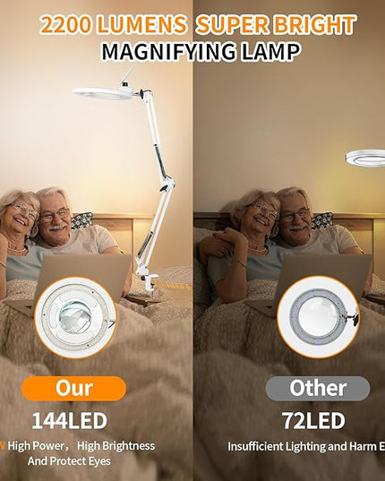 HITTI 10X Long Magnifying Glass with Light and Stand, 2200 Lumens Dimmable Bright Workbench Light, Ajustable Swing Arm LED Lighted Magnifier, Magnifying Lamp with Clamp for Hobby Repair Craft - White - LeafyLoom