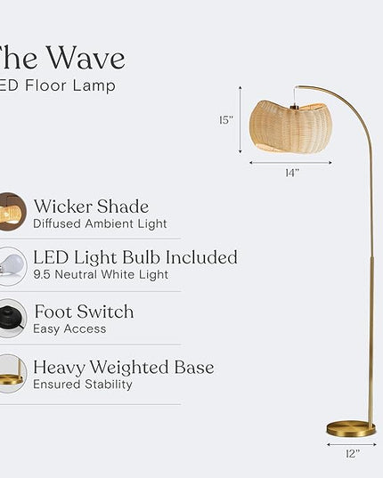 Brightech Wave Arched Floor Lamp – Unique Hanging Wicker Shade for Living Rooms – Rattan Style Matches Boho and Other Décor – Arcs Over Sofas and Dining Tables for Compliments - Brass - LeafyLoom