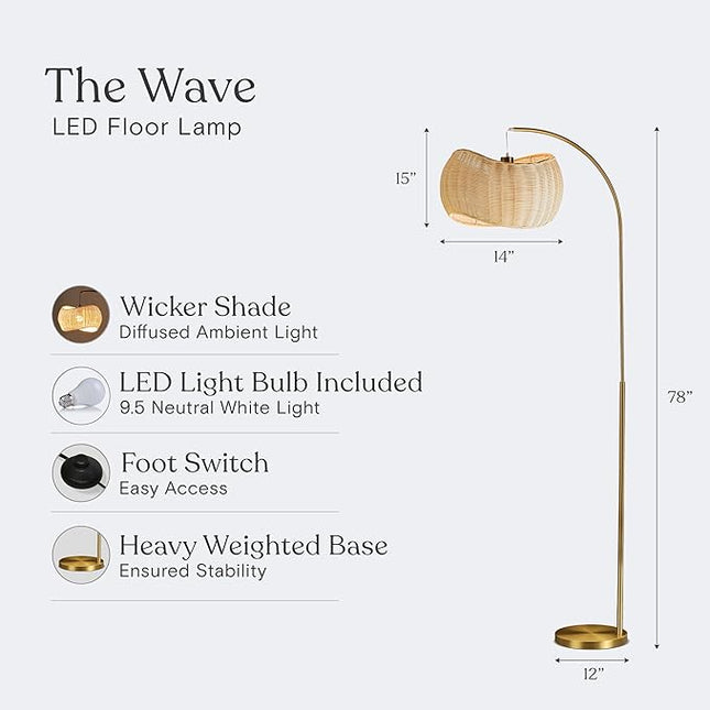Brightech Wave Arched Floor Lamp – Unique Hanging Wicker Shade for Living Rooms – Rattan Style Matches Boho and Other Décor – Arcs Over Sofas and Dining Tables for Compliments - Brass - LeafyLoom