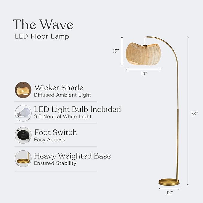 Brightech Wave Arched Floor Lamp – Unique Hanging Wicker Shade for Living Rooms – Rattan Style Matches Boho and Other Décor – Arcs Over Sofas and Dining Tables for Compliments - Brass - LeafyLoom