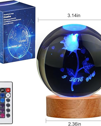Rose Lamp Cute Gifts for Women, Large 3D Rose Night Light, Crystal Light up Rose Lamp 16 Color Changing with Remote Control for Bedroom Decor, I Love You Rose Glass - LeafyLoom