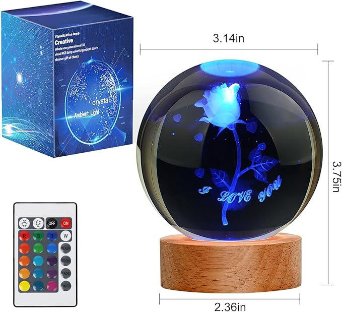 Rose Lamp Cute Gifts for Women, Large 3D Rose Night Light, Crystal Light up Rose Lamp 16 Color Changing with Remote Control for Bedroom Decor, I Love You Rose Glass - LeafyLoom