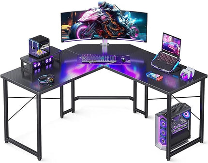 Casaottima L Shaped Gaming Desk with Monitor Stand, Corner Desk Gaming Table for Home Office, Computer Desk Sturdy Writing Workstation for Small Space, 51 inch, Carbon Fiber Surface, Black - LeafyLoom