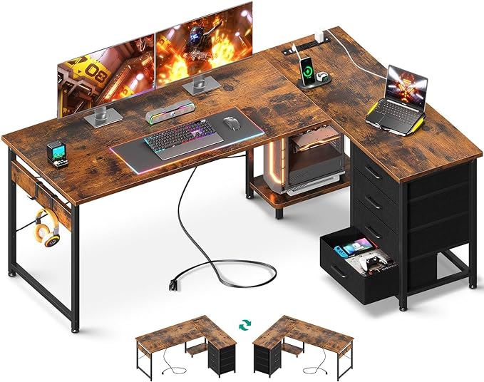 AODK L Shaped Desk with 4 Tier Drawers, 61" Reversible Gaming Desk with Power Outlets, L Shaped Computer Desk with USB Charging Port and Host Stand, Home Office Corner Desk, Easy to Assemble, Vintage - LeafyLoom