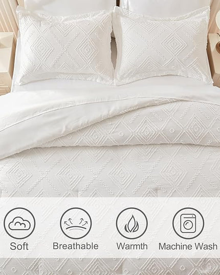 EMME King Comforter Set - 7 Pcs White Boho Comforter Set, Tufted King Size Bedding Sets with Sheets, Shabby Chic Embroidery Bed Set Fluffy Bed Bag for All Season(102"X90") - LeafyLoom