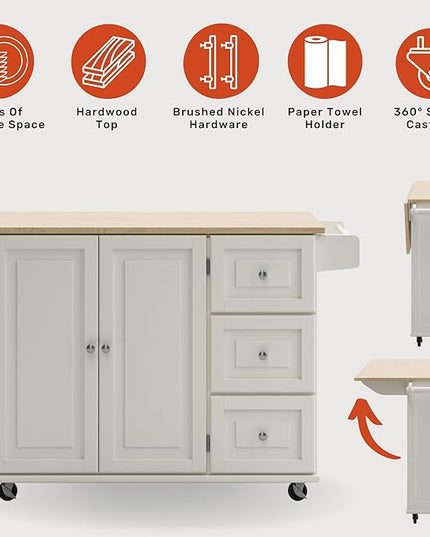 Homestyles Mobile Kitchen Island Cart with Wood Drop Leaf Breakfast Bar, Off White,Soft White, 54 Inch Width - LeafyLoom