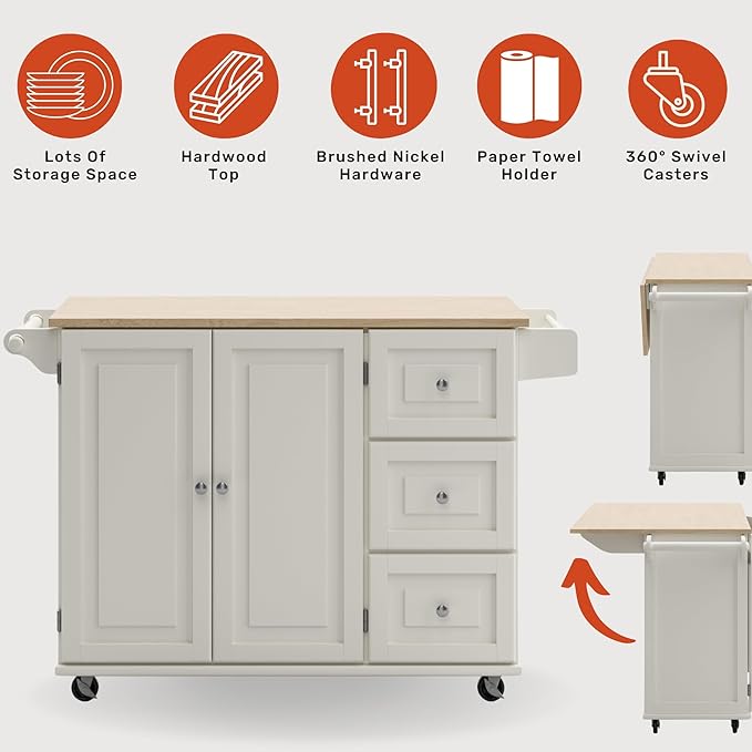 Homestyles Mobile Kitchen Island Cart with Wood Drop Leaf Breakfast Bar, Off White,Soft White, 54 Inch Width - LeafyLoom