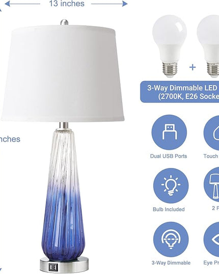 QiMH Table Lamps Set of 2 with Touch Control, 3-Way Dimmable Modern Glass Bedside Lamps with 2 USB Ports, Nightstand Lamp with White Fabric Shade, 27.5" Large Lamps for Living Room Bedrooms Decor - LeafyLoom