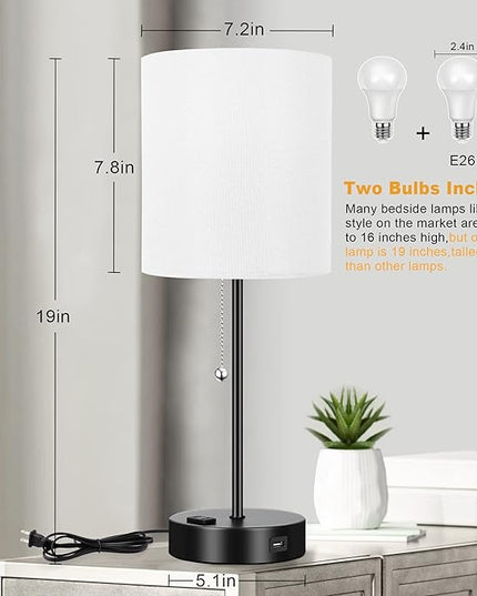 3 Color Temperature Bedside Table Lamps Set of 2, Modern Small Lamp with USB and Outlet, Bedroom Lamp for Nightstand with Chain Switch, White Desk Lamp for Living Room, Two Bulbs Included - LeafyLoom
