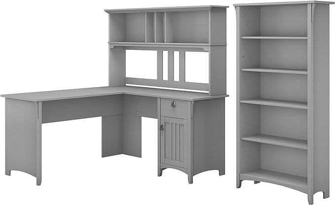 Bush Furniture Salinas 60W L Shaped Desk with Hutch and 5 Shelf Bookcase in Cape Cod Gray - LeafyLoom