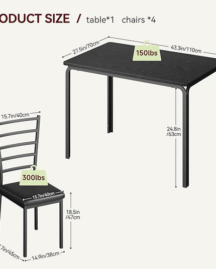 Black Dining Table Set for 4, Kitchen Table and Chairs for 4, 5 Piece Kitchen Dining Room Table Set,Space-Saving Wood Modern Rectangle Dinner Table Dinette Furniture for Breakfast Nook,Home Office - LeafyLoom