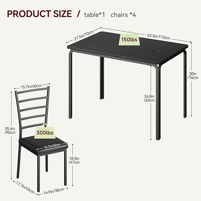 Black Dining Table Set for 4, Kitchen Table and Chairs for 4, 5 Piece Kitchen Dining Room Table Set,Space-Saving Wood Modern Rectangle Dinner Table Dinette Furniture for Breakfast Nook,Home Office - LeafyLoom