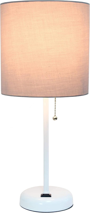 Simple Designs LT1144-GOW Sleek and Slender White Table Lamp with Charging Outlet for Bedroom, Living Room, Entryway, Office, Dining Room, Study, Gray Shade - LeafyLoom