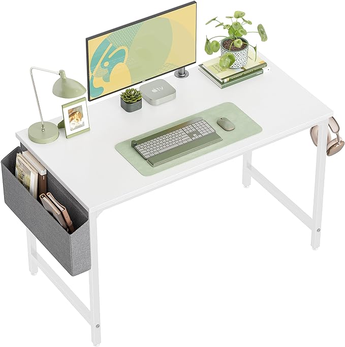 CubiCubi Computer Desk 40" Study Writing Table for Home Office, Modern Simple Style PC Desk, White Metal Frame, White - LeafyLoom