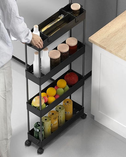 SPACELEAD Slim Storage Cart 4 Tier, Storage Organizer Rolling Utility/ Mobile Shelving Unit Slide Out Storage Cart for Office, Bathroom, Kitchen, Laundry Room & Narrow Places， Black - LeafyLoom