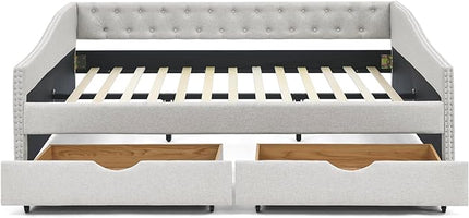 Queen Size Daybed with 2 Storage Drawers,Linen Upholstered Sofa Bed W/Button on Back & Copper Nail on Waved Shape Armrests,No Spring Box Need,Wood Bedframe for Living Room Bedroom Dorm,Beige - LeafyLoom