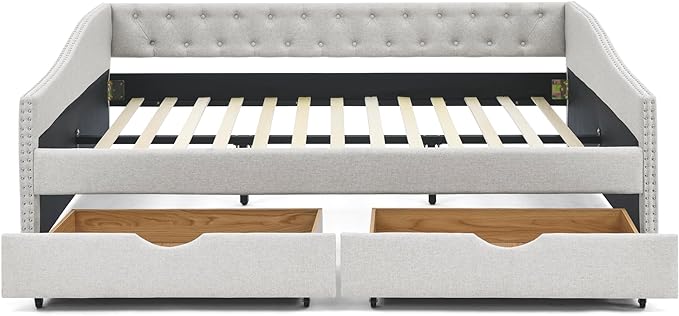 Queen Size Daybed with 2 Storage Drawers,Linen Upholstered Sofa Bed W/Button on Back & Copper Nail on Waved Shape Armrests,No Spring Box Need,Wood Bedframe for Living Room Bedroom Dorm,Beige - LeafyLoom