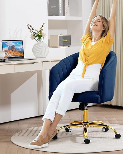 ROWHY Comfy Office Desk Chair, Velvet Swivel Desk Chairs with Wheels, Modern Office Computer Chair with Gold Base, Adjustable Wide Vanity Rolling Chair for Bedroom, Study, Navy Blue - LeafyLoom