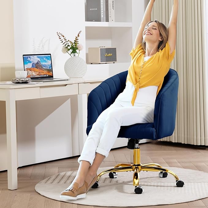 ROWHY Comfy Office Desk Chair, Velvet Swivel Desk Chairs with Wheels, Modern Office Computer Chair with Gold Base, Adjustable Wide Vanity Rolling Chair for Bedroom, Study, Navy Blue - LeafyLoom