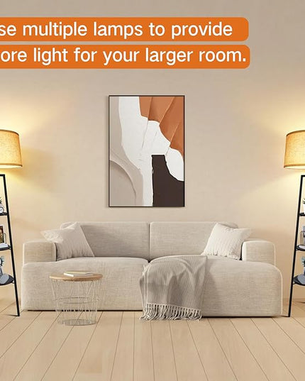 OUTON Tripod Floor Lamp with Shelves, Modern Shelf Floor Lamp with Remote, 4 Color Temperature, Dimmable Tall Standing Corner Lamp with Beige Linen Texture Shade for Living Room, Bedroom, Office - LeafyLoom