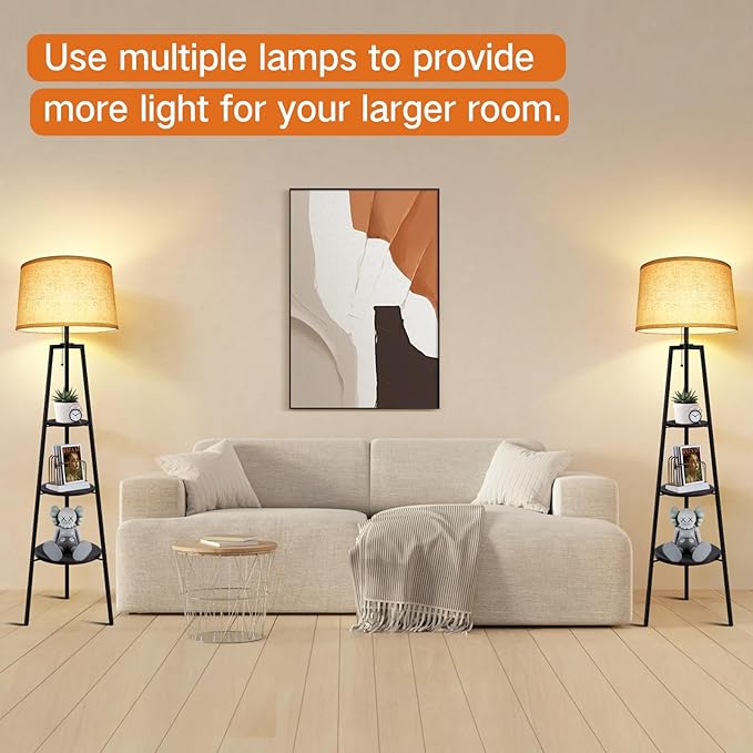 OUTON Tripod Floor Lamp with Shelves, Modern Shelf Floor Lamp with Remote, 4 Color Temperature, Dimmable Tall Standing Corner Lamp with Beige Linen Texture Shade for Living Room, Bedroom, Office - LeafyLoom
