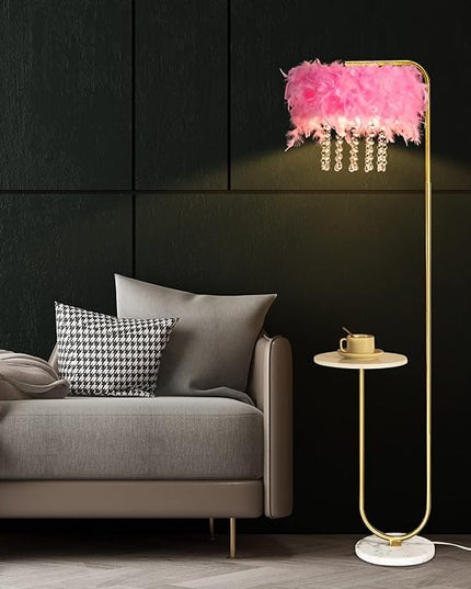 Unique Led Pink Feather Floor Lamp with Tray,Ostrich Feather Stand Lamp,Living Room Bedroom Office Shop Window Decoration Lamp,Foot Switch and Brass/Gold Finish Arc Floor Lamp - LeafyLoom