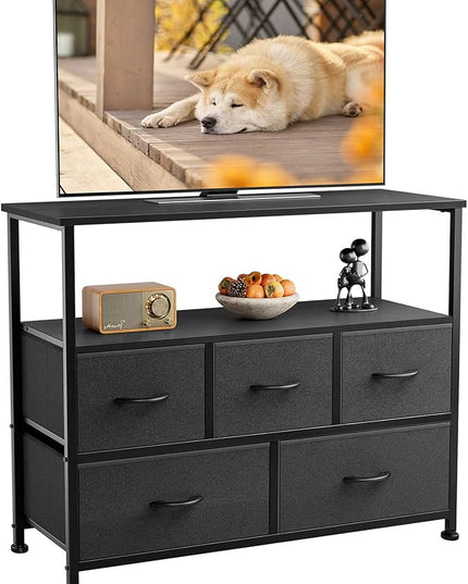 ANTONIA TV Stand Dresser for Bedroom with 5 Fabric Drawer,Entertainment Center for 45 inch Television, Media Console Table with Storage, Open Shelf, Adjustable Feet, Living Room Furniture, Black - LeafyLoom