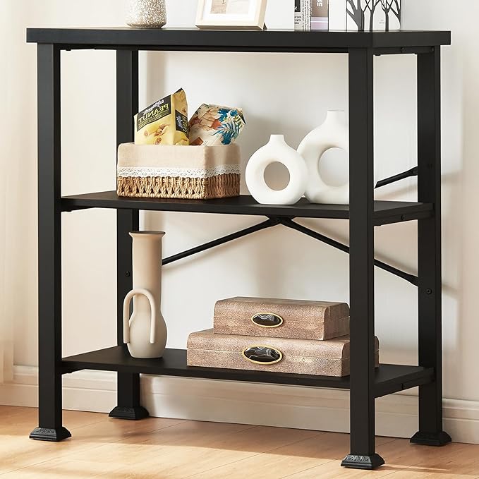 HOMBAZAAR Bookshelf, 3-Tier Vintage Industrial Book Shelf, Rustic Wood and Metal Bookcase and Bookshelves, Free Standing Storage Small Bookshelf for Living Room, Bedroom and Kitchen, Black - LeafyLoom