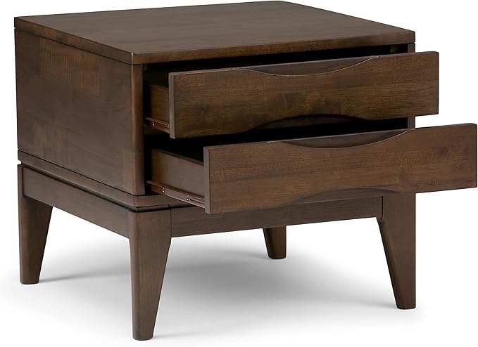 SIMPLIHOME Harper Solid Hardwood 22 inch wide Square Mid Century Modern End Side Table in Walnut Brown with Storage, 2 Drawers, for the Living Room and Bedroom - LeafyLoom