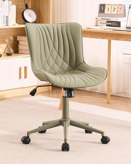 YOUTASTE Deep Green Office Chair Modern Armless Desk Chair with Wheels Adjustable Swivel Rocking Rolling Computer Study Chairs Faux Leather Sewing Chairs with Back Stylish Vanity Chair - LeafyLoom