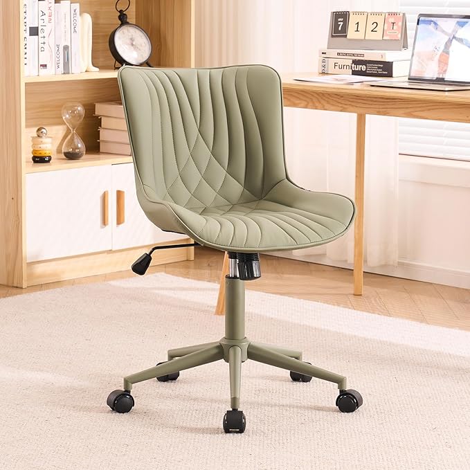YOUTASTE Deep Green Office Chair Modern Armless Desk Chair with Wheels Adjustable Swivel Rocking Rolling Computer Study Chairs Faux Leather Sewing Chairs with Back Stylish Vanity Chair - LeafyLoom