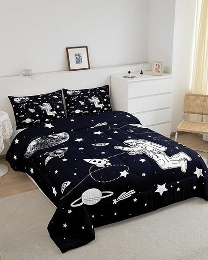 Feelyou Solar System Comforter Set Twin Size Outer Space Comforter for Kids Teens Adults Universe Planets Bedding Set Cute Astronaut Blue White Duvet Set Room Decor 2Pcs with 1 Pillow Case - LeafyLoom