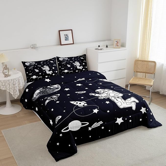 Feelyou Solar System Comforter Set Twin Size Outer Space Comforter for Kids Teens Adults Universe Planets Bedding Set Cute Astronaut Blue White Duvet Set Room Decor 2Pcs with 1 Pillow Case - LeafyLoom