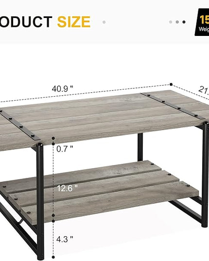 Towallmark 2-Tier Wood Coffee Table, Farmhouse Coffee Table with Storage Shelf- Rustic Metal Rectangle Center Living Room Coffee Table Accent Furniture for Home Office (Gray) - LeafyLoom