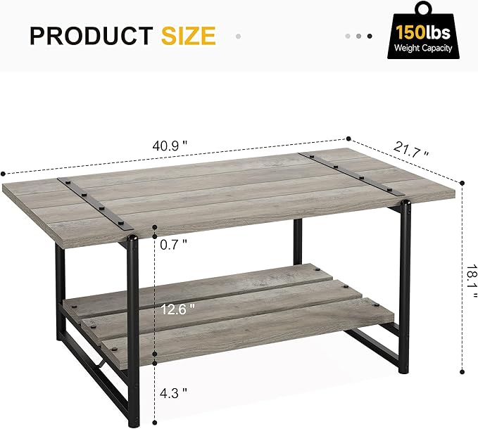 Towallmark 2-Tier Wood Coffee Table, Farmhouse Coffee Table with Storage Shelf- Rustic Metal Rectangle Center Living Room Coffee Table Accent Furniture for Home Office (Gray) - LeafyLoom