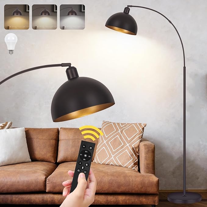 Bronze Arch Floor Lamps for Living Room Dimmable - Upgraded 9W LED Arc Lamp with 4 Color Temperatures, Remote Control Rustic Arched Floor Lamp, Reading Standing Lamp for Bedroom (Bulb Included) Brown - LeafyLoom