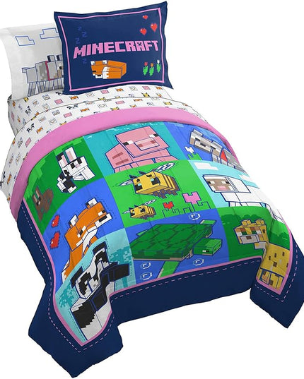 Jay Franco Minecraft Animal Patch 5 Piece Twin Bed Set - Includes Comforter & Sheet Set Bedding - Super Soft Fade Resistant Microfiber (Official Minecraft Product) - LeafyLoom