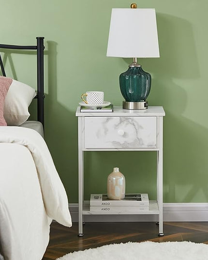 VECELO Night Stands for Bedroom Rustic Nightstand Bedside End Tables with Drawer Storage, Marble White - LeafyLoom