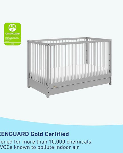 Graco Teddi 5-in-1 Convertible Crib with Drawer (Pebble Gray with White) – GREENGUARD Gold Certified, Crib with Drawer Combo, Full-Size Nursery Storage Drawer, Converts to Toddler Bed - LeafyLoom