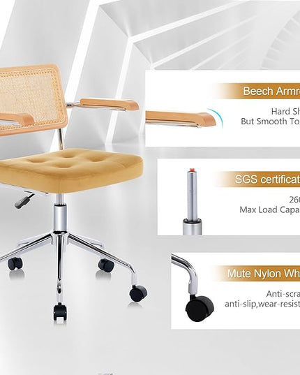 Zesthouse Modern Home Office Chair Velvet Desk Chair with Natural Rattan Back, Vanity Chair for Girls Women, Upholstered Tufted Swivel Armchair, Height Adjustable Computer Task Chair, Yellow - LeafyLoom