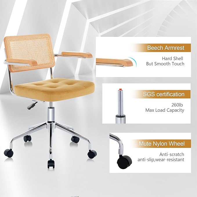 Zesthouse Modern Home Office Chair Velvet Desk Chair with Natural Rattan Back, Vanity Chair for Girls Women, Upholstered Tufted Swivel Armchair, Height Adjustable Computer Task Chair, Yellow - LeafyLoom