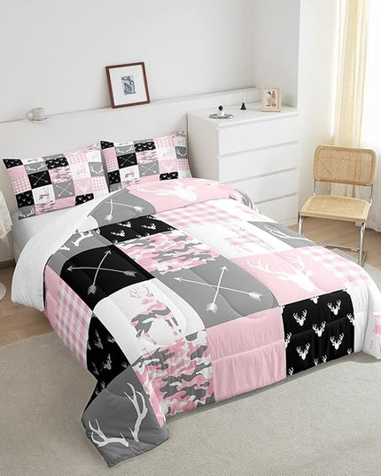 Pink Camo Antlers Kids Comforter Set Full Size,Geometric Checkered Boho Arrows Patchwork Bedding Set,Wild Animals Hunting Rustic Farmhouse Down Comforter,Boys Girls Xmas Bedroom Decor,2 Pillowcases - LeafyLoom