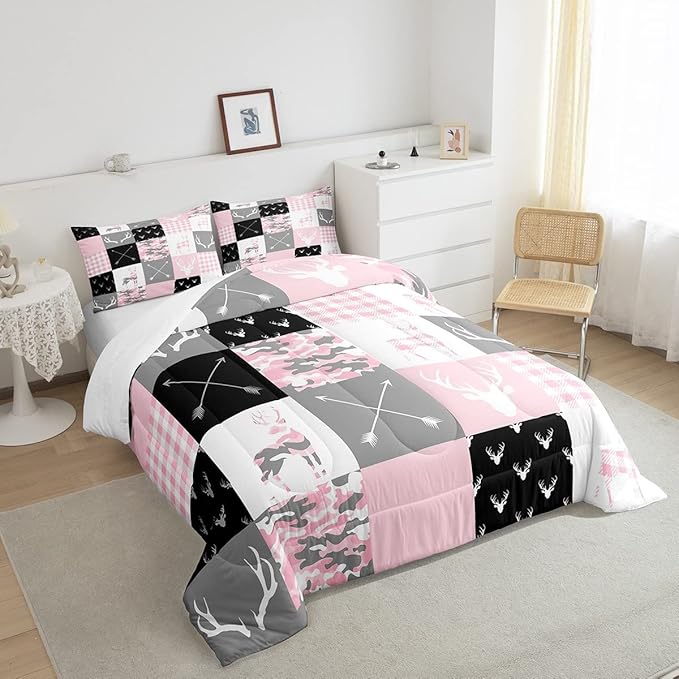 Pink Camo Deer Silhouette Kids Comforter Set King Size,Rustic Farmhouse Animals Hunting Bedding 3pcs for Boys Girls Room Decor,Antlers Boho Arrow Geometric Plaids Patchwork Duvet Insert,2 Pillowcases - LeafyLoom