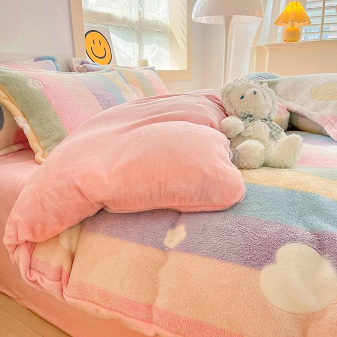 MorroMorn Twin Bedding Sets, Pink Rainbow Duvet Cover Set, Fluffy Comforter Covers Blanket Ultra Soft Kawaii Cute for Girls Kids Toddler Teen Women Twin/Twin XL Size - LeafyLoom